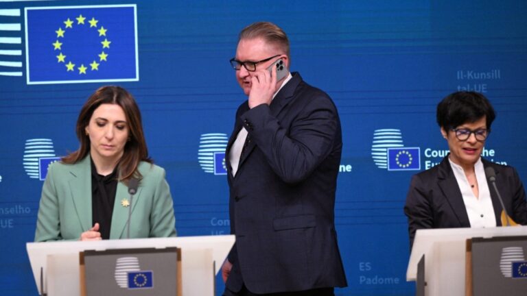 Ukraine’s Deputy Prime Minister Taras Kachka (C) arrives for a press conference with Cyprus deputy Minister for European Affairs Marilena Raouna (L) and EU Commissioner for Enlargement Marta Kos (R) ahead of a General Affairs Council at the European Council in Brussels on March 17, 2026.