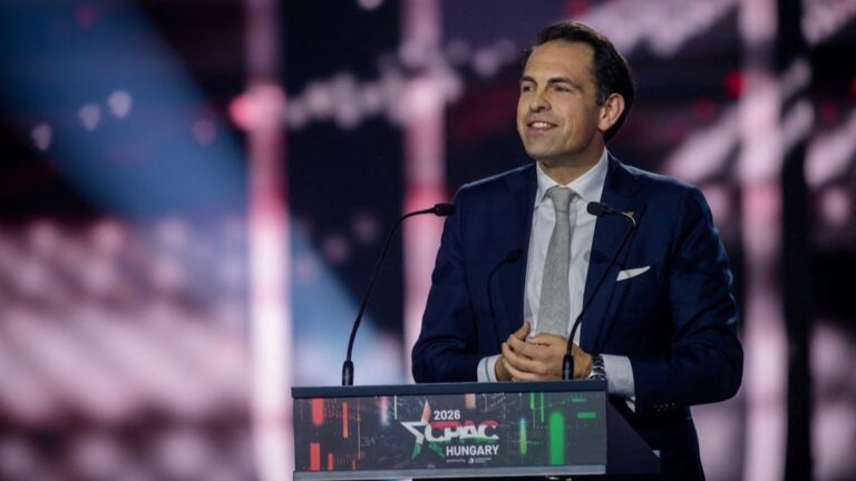 Belgian politician, leader of Vlaams Belang party Tom van Grieken speaks at CPAC Hungary in Budapest, Hungary, on March 21, 2026.