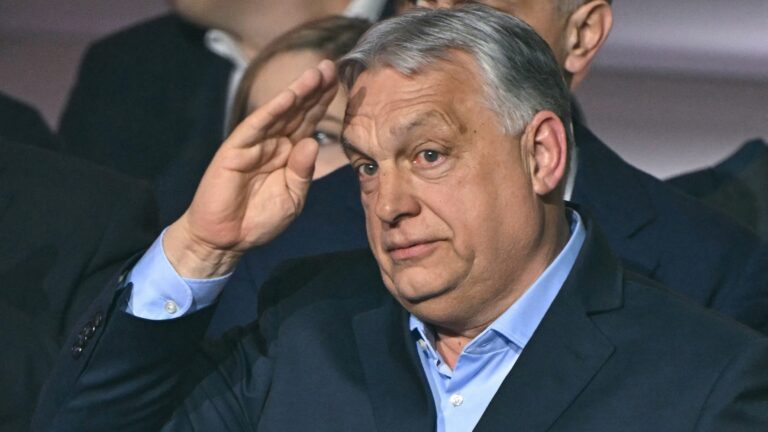 Hungary’s Prime Minister Viktor Orbán salutes to supporters at Fidesz’s election night event in Budapest on April 12, 2026.