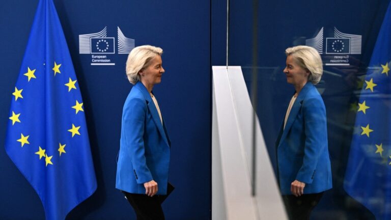European Commission President Ursula von der Leyen leaves after a press conference at the EU Commission headquarters in Brussels on April 13, 2026.