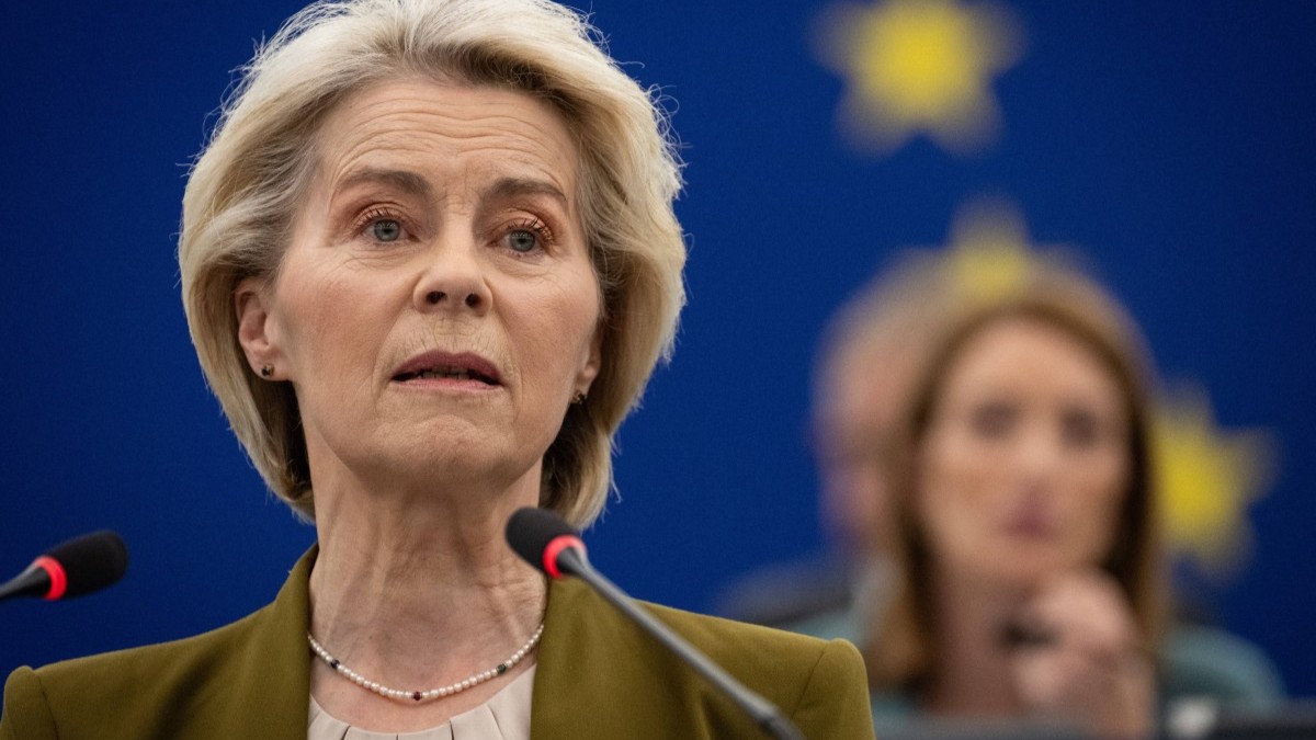 European Commission President Ursula von der Leyen delivers a speech on "EU strategy on the ongoing Middle East crisis, implications on Energy prices and availability of fertilizers" at the European Parliament in Strasbourg on April 29, 2026.