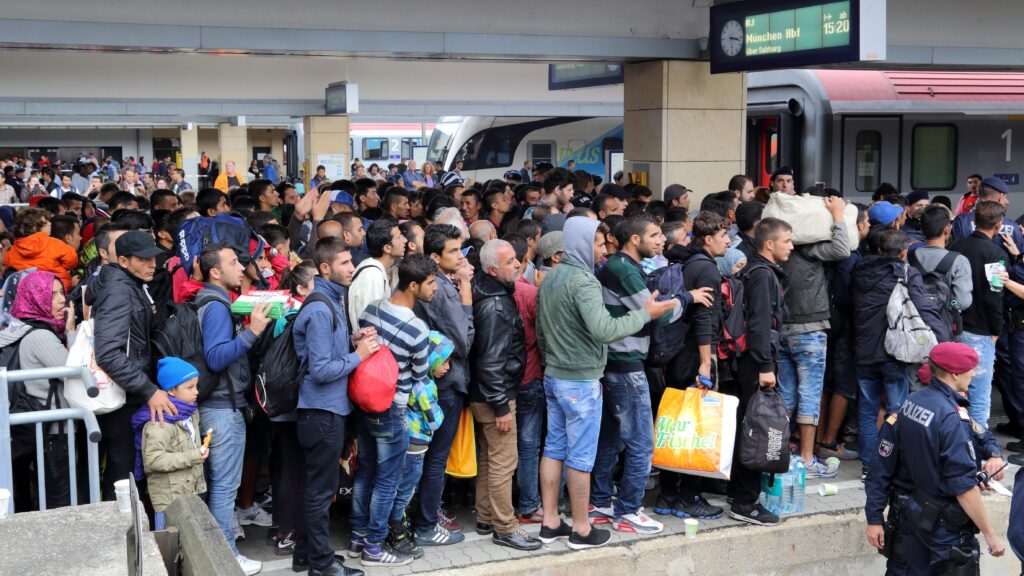 Migrants at Vienna’s Westbahnhof during the European migrant crisis on September 5, 2015