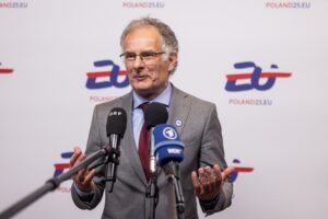Austria’s Minister of Finance Markus Marterbauer delivers a doorstep statement before the Informal Meeting of EU Ministers for Economic and Financial Affairs and Central Bank Governors (ECOFIN) in Warsaw, Poland, on April 11, 2025.