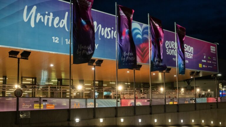 The official venue of the 2026 Eurovision Song Contest, the Wiener Stadthalle, is pictured in Vienna, Austria on May 6, 2026.