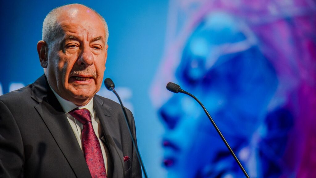 Hungary’s President Tamás Sulyok speaks at a two-day AI conference at the Hungarian House of Music in Budapest, Hungary, on September 8, 2025.