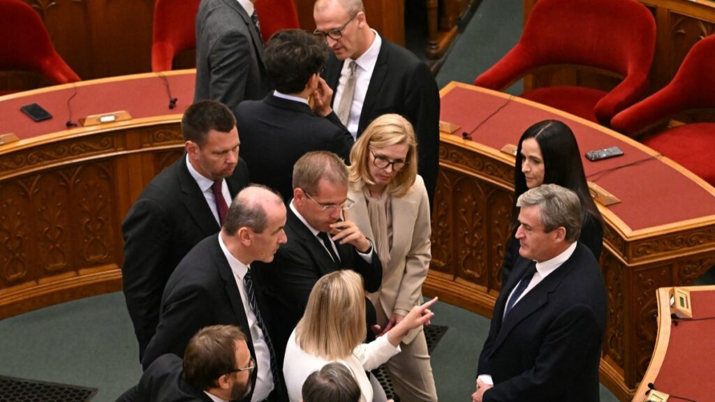 Incoming ministers gather ahead the swearing-in ceremony for the cabinet at the Hungarian Parliament in Budapest on May 12, 2026.