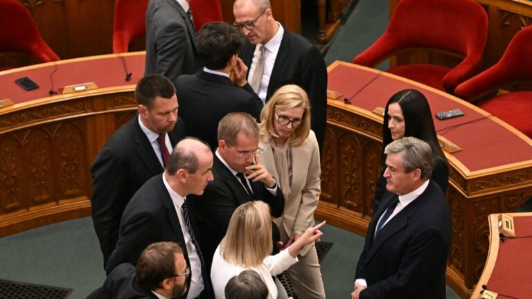 Incoming ministers gather ahead the swearing-in ceremony for the cabinet at the Hungarian Parliament in Budapest on May 12, 2026.
