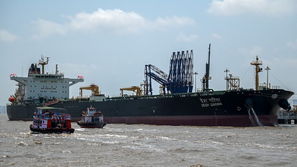 Desh Garima, an Indian-flagged tanker carrying crude oil that transited through the Strait of Hormuz, is seen docked at an offloading terminal along the coast in Mumbai on April 30, 2026.