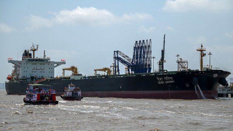 Desh Garima, an Indian-flagged tanker carrying crude oil that transited through the Strait of Hormuz, is seen docked at an offloading terminal along the coast in Mumbai on April 30, 2026.