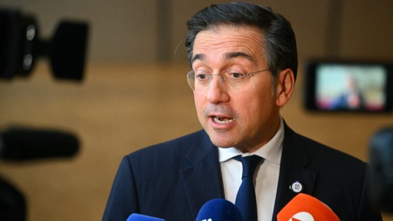 Spain’s Foreign Minister José Manuel Albares speaks to the media as he arrives for a Foreign Affairs Council in Brussels on March 16, 2026.