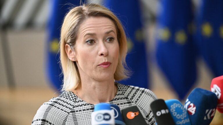 EU High Representative and Vice-President for Foreign Affairs and Security Policy Kaja Kallas makes a statement as she arrives for a Foreign Affairs Council of Defence in Brussels on May 12, 2026.