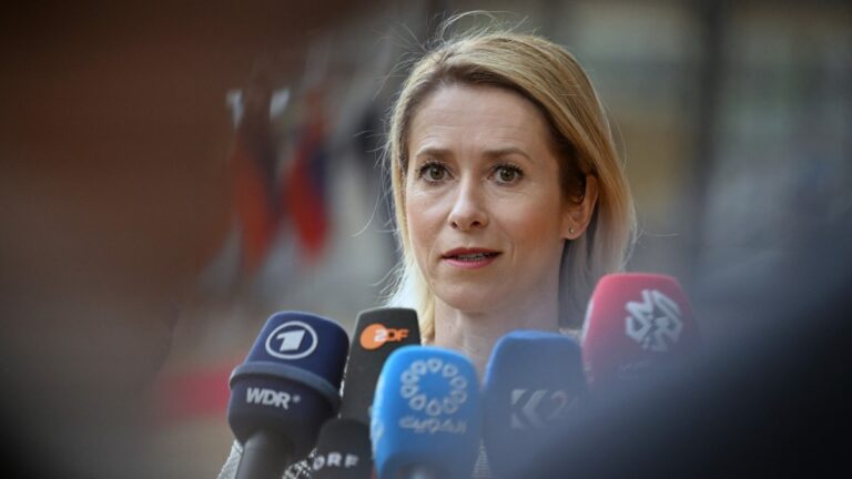 EU High Representative and Vice-President for Foreign Affairs and Security Policy Kaja Kallas makes a statement as she arrives for a Foreign Affairs Council of Defence in Brussels on May 12, 2026.