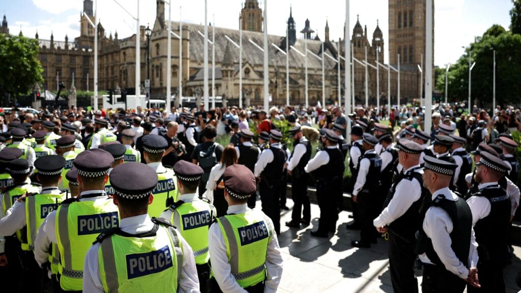 Members of the Metropolitan Police gather in Parliament Square ahead of a ‘Lift the Ban’ demonstration in support of the proscribed group Palestine Action, in Parliament Square, London, on August 9, 2025.