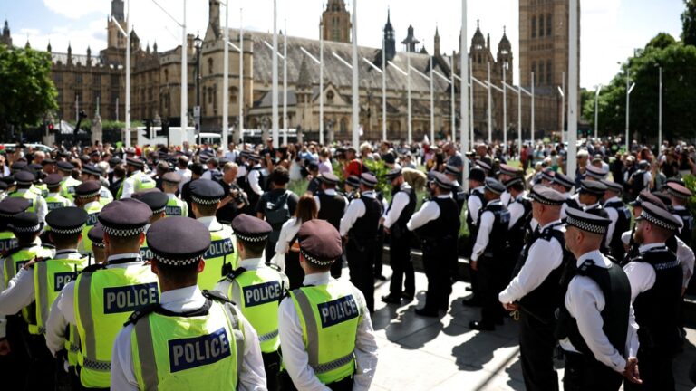 Members of the Metropolitan Police gather in Parliament Square ahead of a ‘Lift the Ban’ demonstration in support of the proscribed group Palestine Action, in Parliament Square, London, on August 9, 2025.