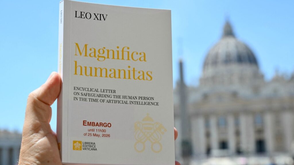 Pope Leo XIV’s Encyclical Letter Magnifica Humanitas, focused on the rise of artificial intelligence, in The Vatican on May 25, 2026.