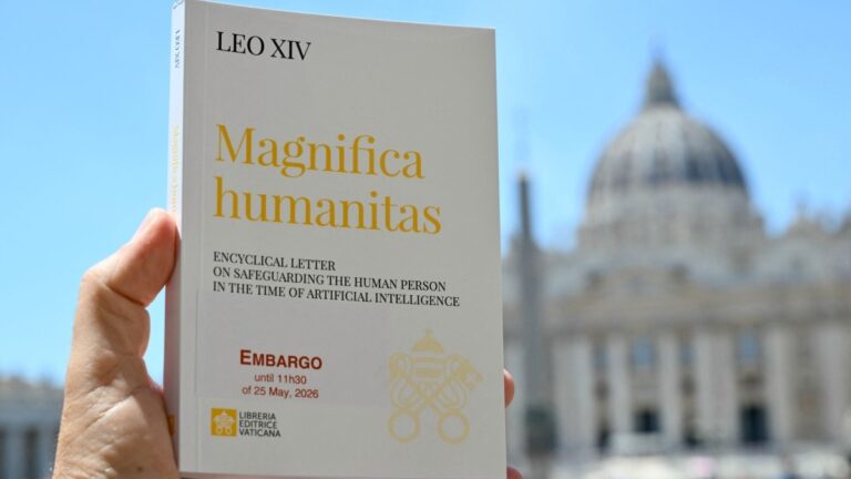 Pope Leo XIV’s Encyclical Letter Magnifica Humanitas, focused on the rise of artificial intelligence, in The Vatican on May 25, 2026.