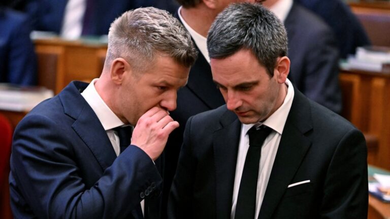 Hungary’s incoming Prime Minister Péter Magyar (L) speaks with his brother-in-law and Hungarian politician Márton Melléthei-Barna during his swearing-in ceremony at the Hungarian parliament in Budapest on May 9, 2026.