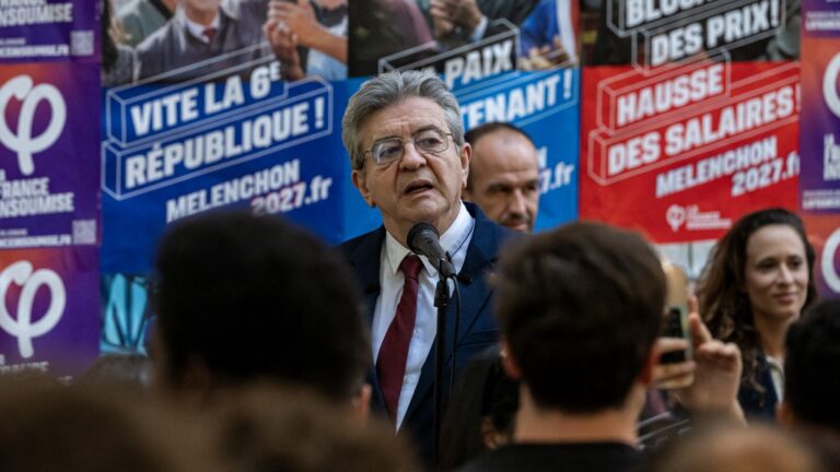 Founder of far-left party La France insoumise (LFI) Jean-Luc Mélenchon gestures as he delivers a speech during a rally in Marseille on May 7, 2026.