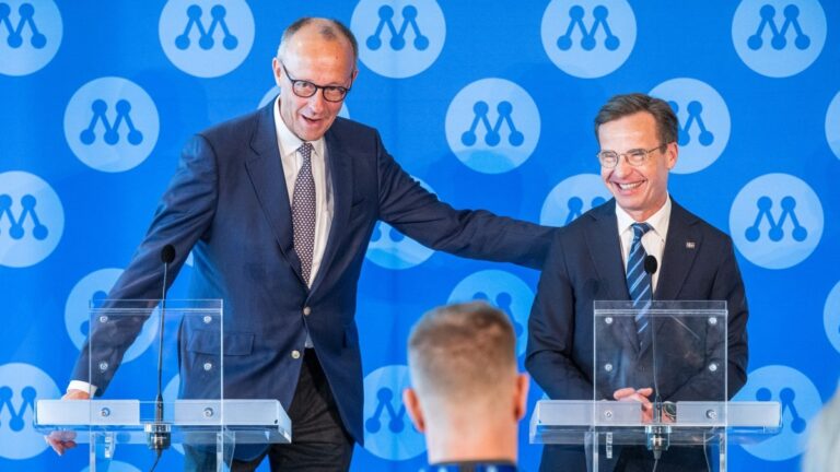 Sweden’s Prime Minister Ulf Kristersson (R) and German Chancellor and Chairman of Germany's conservative Christian Democratic Union (CDU) party Friedrich Merz (L) give a press conference during Sweden's Moderate party's convention on May 9, 2026 in Stockholm.