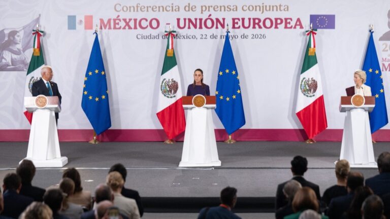 Mexico’s President Claudia Sheinbaum (C) speaks next to European Commission President Ursula von der Leyen, and President of the European Council António Costa, during a press conference at the National Palace in Mexico City on May 22, 2026.