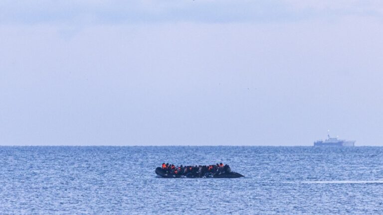 Migrants attempt to cross the English Channel in a smuggler's boat off the coast of Gravelines, northern France, on April 14, 2026.