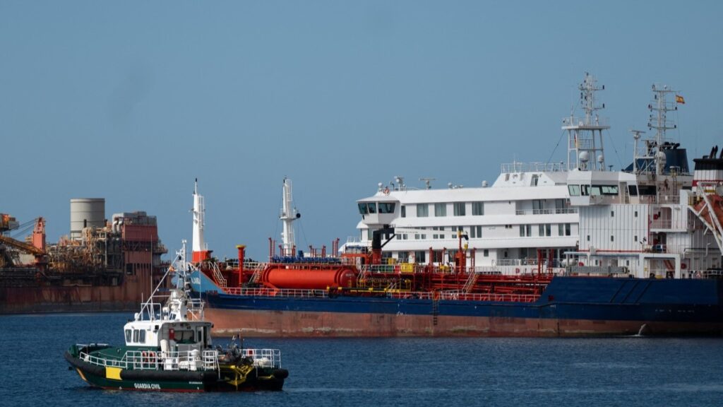 The Dutch-flagged hantavirus-stricken cruise ship MV Hondius sails next to a tanker during a refueling operation in the port of Granadilla de Abona on the island of Tenerife in Spain’s Canary Islands on May 11, 2026.