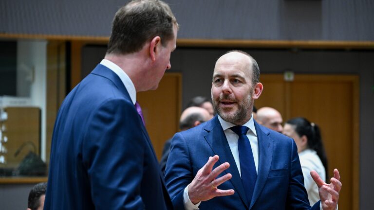 Ireland’s Minister for Justice, Home Affairs and Migration, Ireland Jim O’Callaghan (L) speaks with Dutch Asylum and Migration Minister Bart van den Brink on March 5, 2026