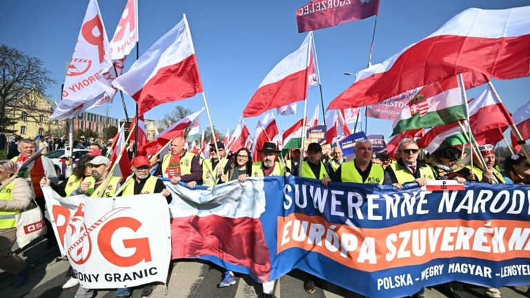 Polish participants wave Polish and Hungarian flags and carry a large banner reading “Europe of sovereign nations” during the Peace March in support of the government of Prime Minister Viktor Orbán on the Margaret Bridge in Budapest, Hungary on March 15, 2026.
