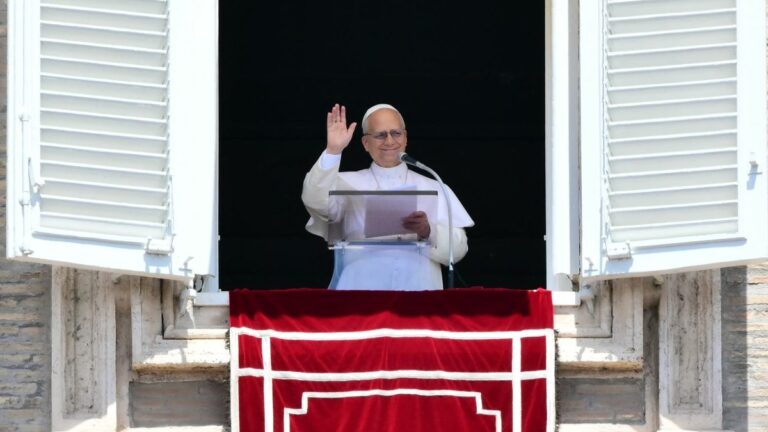 Pope Leo XIV addresses the crowd from the window of the apostolic palace overlooking St. Peter's square during the Regina Caeli prayer in The Vatican on May 17, 2026.