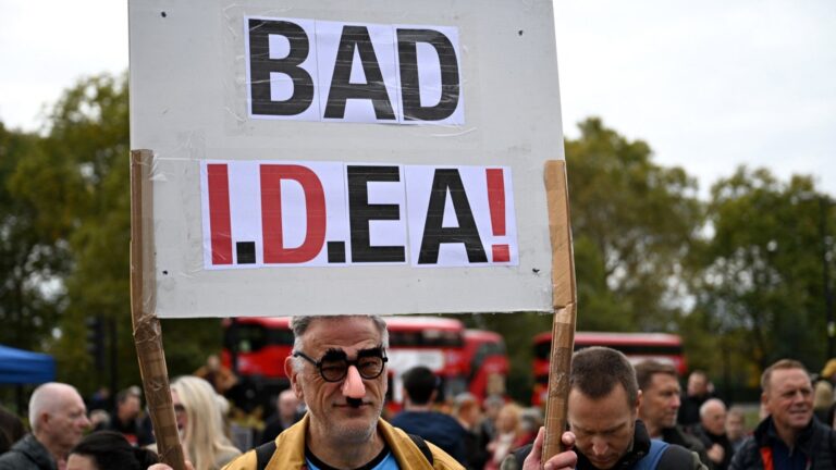 A demonstrator holds a placard during a march against the implementation of digital ID cards, in central London on October 18, 2025.