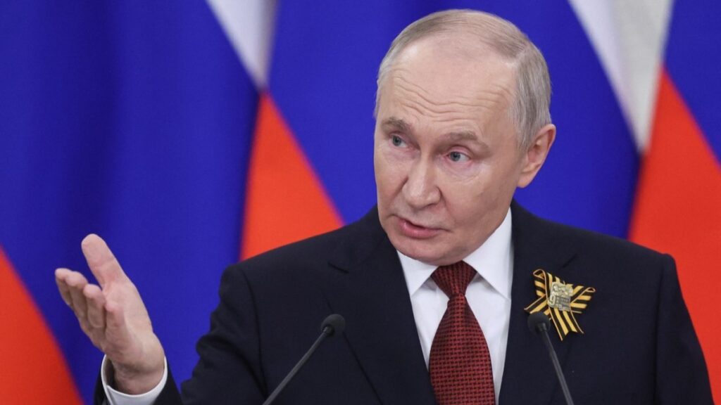 Russian President Vladimir Putin talks to the media following his meetings with foreign delegations at the Kremlin in Moscow on May 9, 2026.