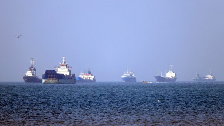 Vessels are pictured anchored in the Strait of Hormuz off Bandar Abbas in southern Iran on May 4, 2026.