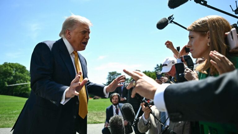 U.S. President Donald Trump speaks to the press before walking to board Marine One as he departs from the South Lawn of the White House in Washington, D.C., on May 12, 2026.