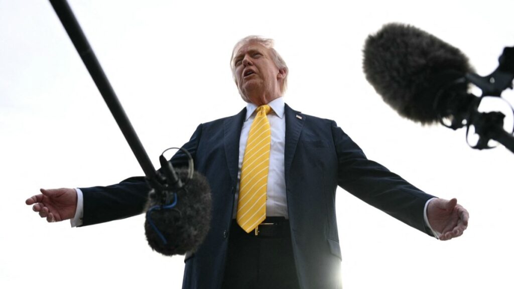 U.S. President Donald Trump speaks with reporters at Palm Beach International Airport in West Palm Beach, Florida on May 2, 2026, before boarding Air Force One en route to Miami.