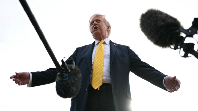U.S. President Donald Trump speaks with reporters at Palm Beach International Airport in West Palm Beach, Florida on May 2, 2026, before boarding Air Force One en route to Miami.