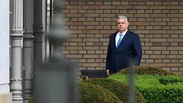 Outgoing Hungarian Prime Minister Viktor Orbán arrives at the Presidential Sándor Palace in Budapest on April 15, 2026 to meet with Hungary’s President three days after general elections in Hungary.