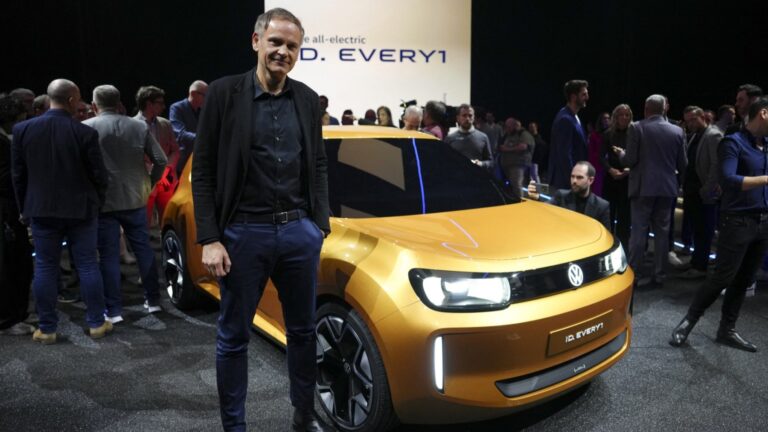 Oliver Blume, CEO of Volkswagen Group of German car manufacturer Volkswagen (VW) presents their new electric vehicle ID. EVERY1 in Düsseldorf on March 5, 2025.