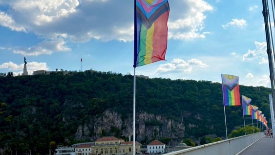 LGBT flags on Elizabeth Bridge in Budapest, Hungary on June 20, 2026, before being removed by an unknown dissident
