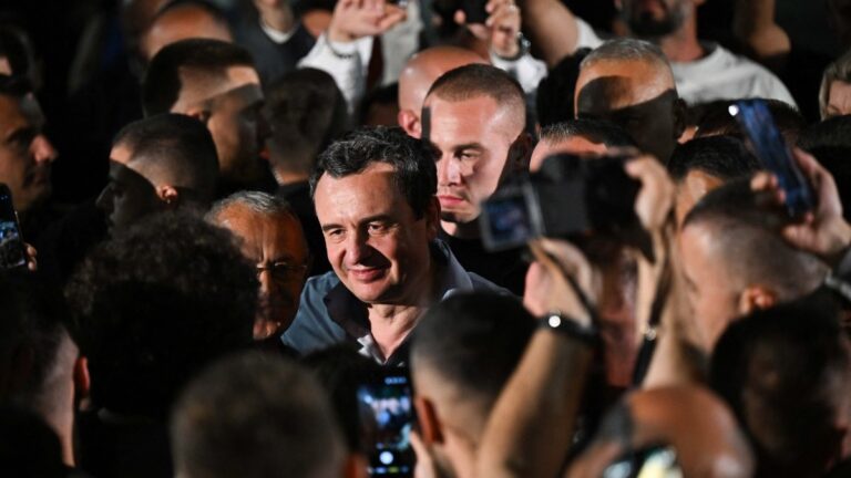 Kosovo’s acting Prime Minister and leader of the Vetevendosje Movement (LVV), Albin Kurti, celebrates election results with his supporters in Pristina on June 7, 2026.