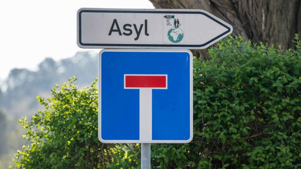 A traffic sign saying “Asylum” and a dead end sign hang near the central contact point for asylum seekers (ZASt) in the state of Saxony-Anhalt on April 8, 2020, in Halberstadt, Eastern Germany.