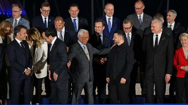 European Council President António Costa (C) gestures to Ukraine’s President Volodymyr Zelensky before a group photograph ahead of an informal meeting of the European Council, in Ayia Napa on April 23, 2026.