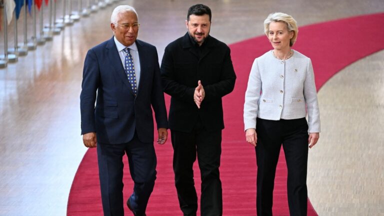 European Council President António Costa, Ukraine’s President Volodymyr Zelensky and European Commission President Ursula von der Leyen arrive to attend the EU Summit at the EU headquarters in Brussels, on June 18, 2026.