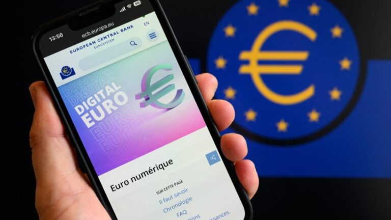 The European Central Bank website page about the digital euro displayed on a smartphone, in Brussels on February 10, 2026.