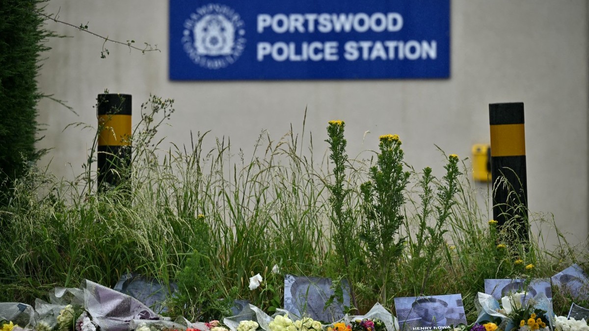 Floral tributes for Henry Nowak are pictured outside of Portswood Police Station in Southampton, southern England, on June 3, 2026.