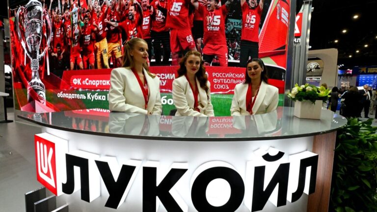 Russian energy giant Lukoil logo is pictured at the St. Petersburg International Economic Forum (SPIEF) in Saint Petersburg on June 3, 2026.