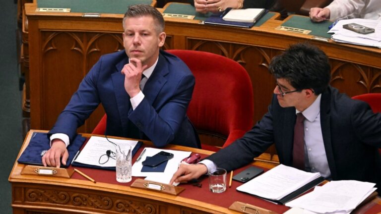 Hungary’s Prime Minister Péter Magyar (L), and Foreign Ministry Parliamentary State Secretary György Velkey (R) vote on an amendment to the constitution in the main hall of the Parliament in Budapest, on June 15, 2026.