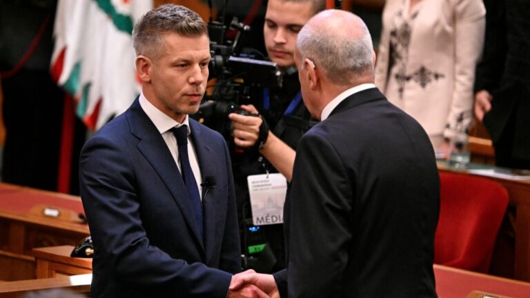 Hungarian PM Péter Magyar shakes hands with President of the Republic Tamás Sulyok, just weeks before trying to forcibly remove him from office.