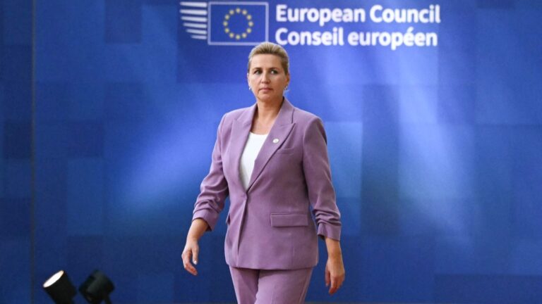 Denmark’s Prime Minister Mette Frederiksen arrives to attend the EU Summit at the EU headquarters in Brussels, on June 18, 2026.
