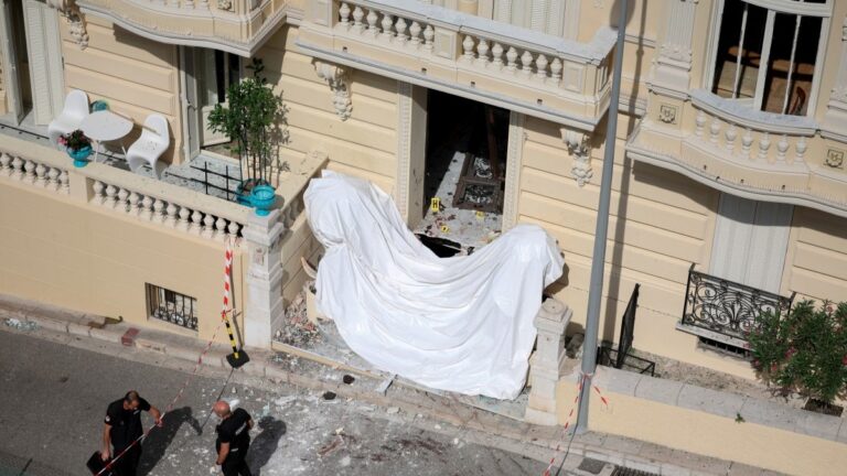 Members of a bomb disposal team operate the day after an allaged attack involving an explosive device in the lobby of a residential building, in Monaco on June 30, 2026.