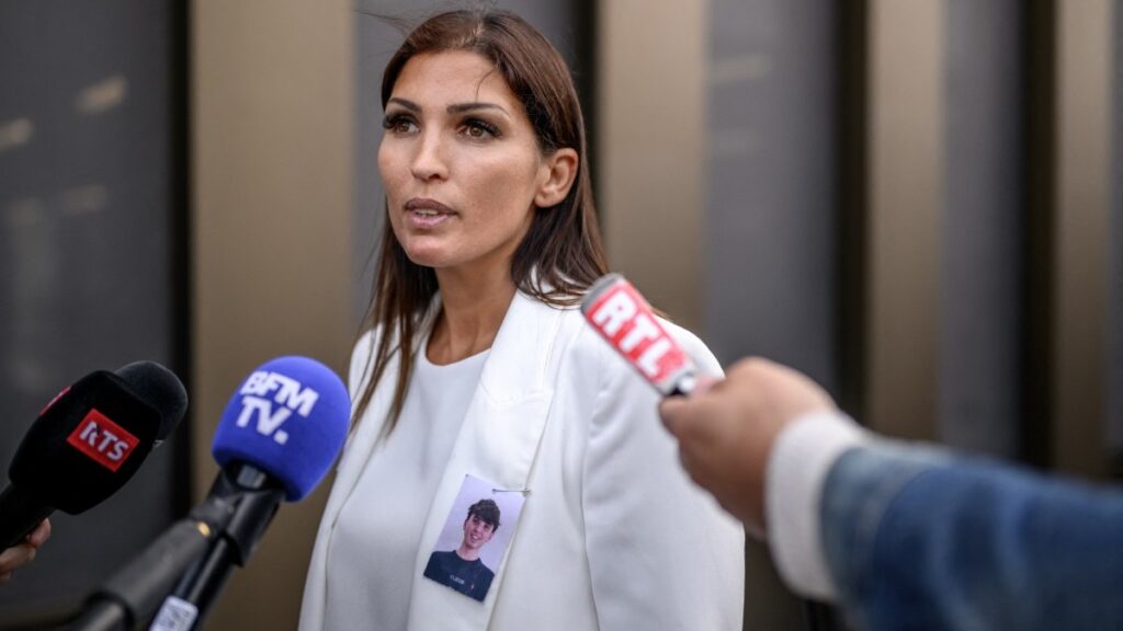 Laetitia Brodard-Sitre, the mother of Arthur who died in the fire, addresses journalists during a hearing of owners of Le Constellation bar in Crans-Montana as part of the inquiry into a devastating New Year's fire in Sion on June 5, 2026.